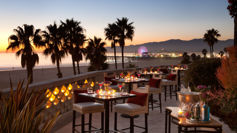 Party setup on the terrace with the ocean and the Santa Monica pier in the background
